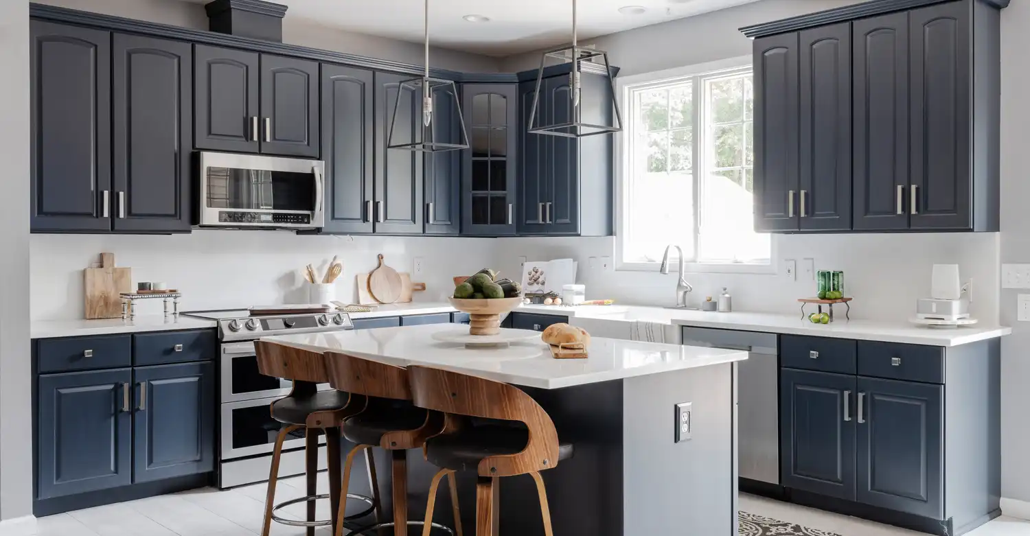Kitchen with cabinets after painting in navy blue